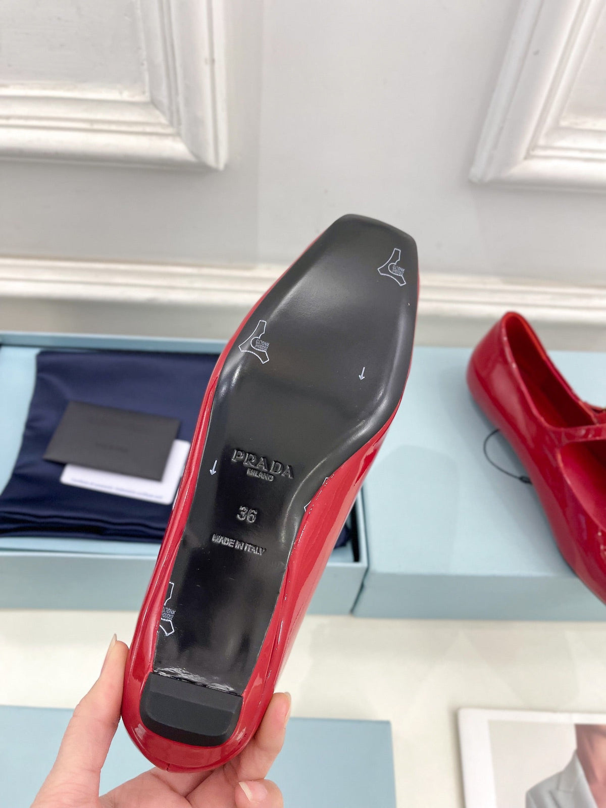 PRADA MARY JANE FLATS SQUARE TOE IN CRIMSON RED PATENT SHEEPSKIN