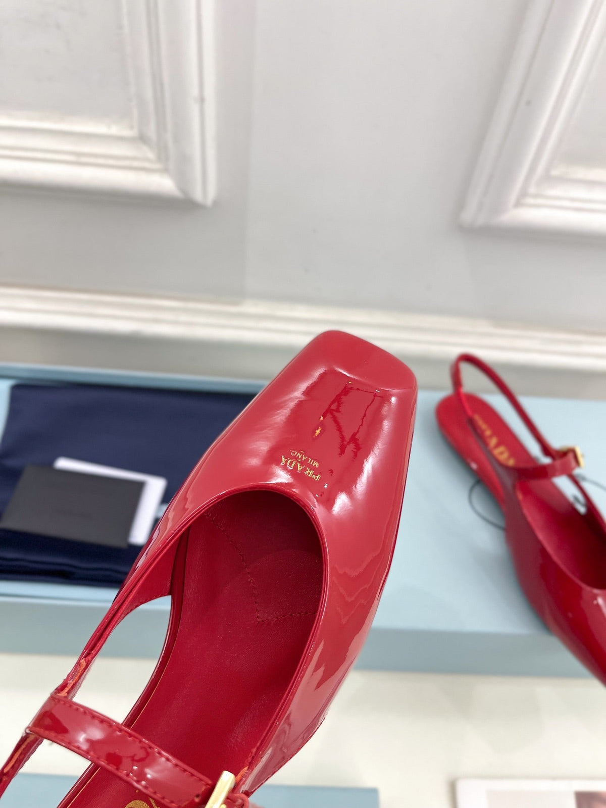 PRADA MARY JANE SLINGBACK SQUARE TOE IN CRIMSON RED PATENT SHEEPSKIN