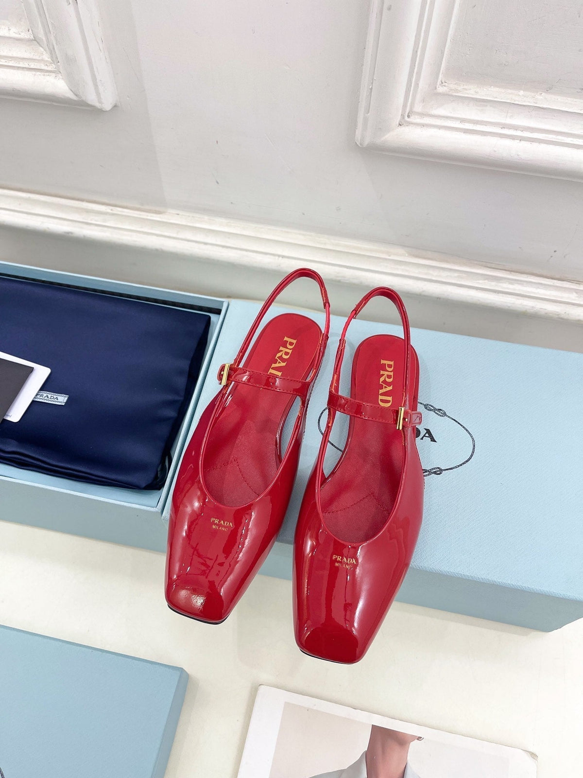 PRADA MARY JANE SLINGBACK SQUARE TOE IN CRIMSON RED PATENT SHEEPSKIN