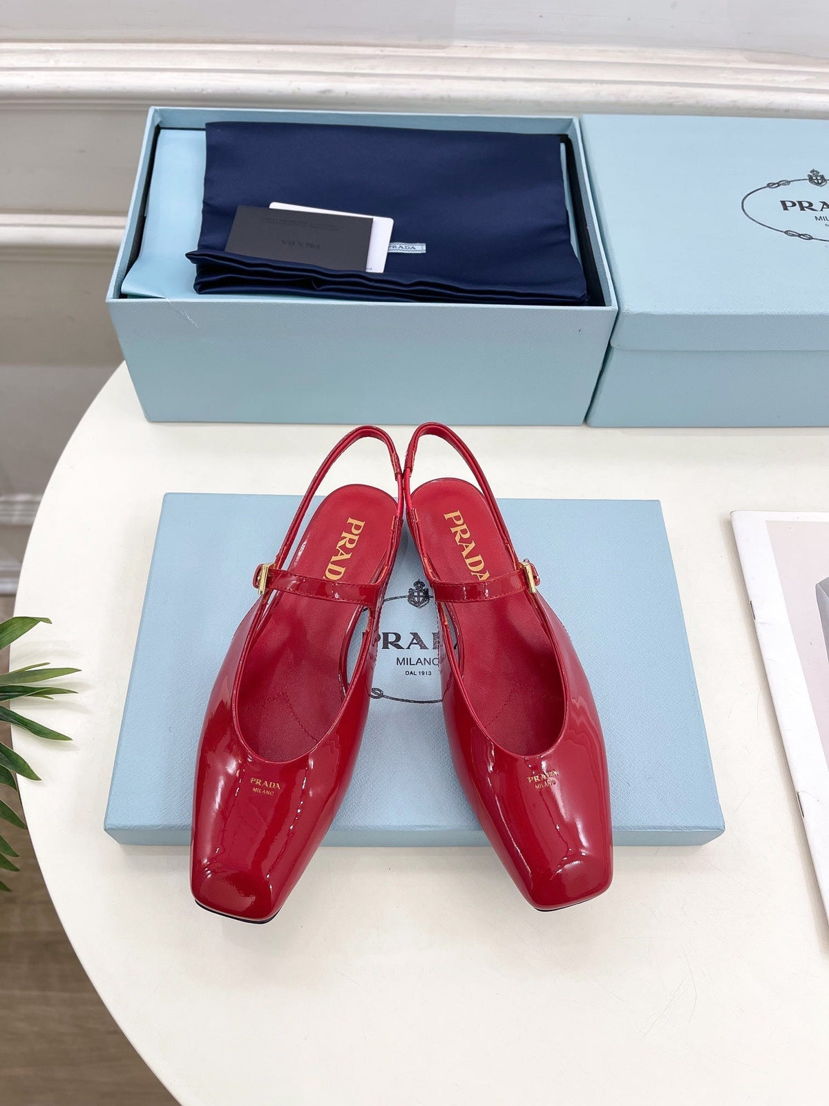 PRADA MARY JANE SLINGBACK SQUARE TOE IN CRIMSON RED PATENT SHEEPSKIN