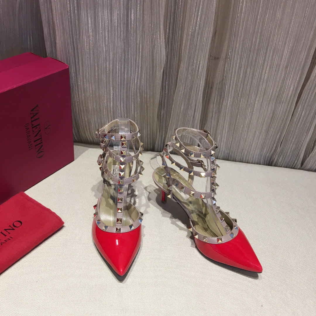 ROCKSTUD CAGED PUMP 65MM IN RUBY RED MIX LIGHT PINK PATENT CALFSKIN