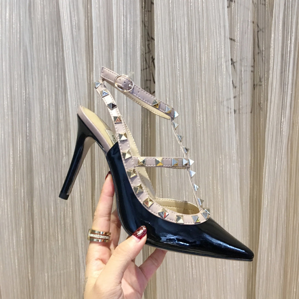 ROCKSTUD CAGED HIGH PUMP IN BLACK MIX LIGHT PINK PATENT CALFSKIN 100 MM