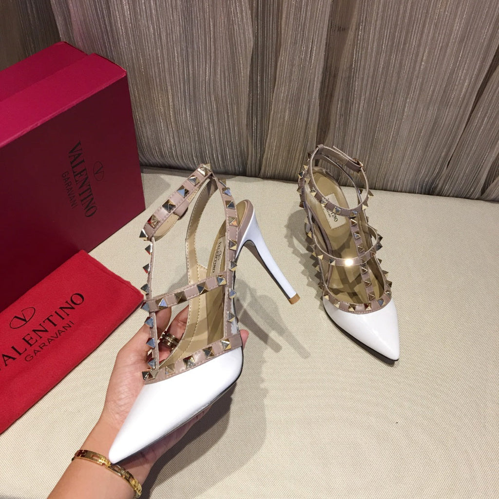 ROCKSTUD CAGED HIGH PUMP IN WHITE MIX LIGHT PINK PATENT CALFSKIN 100 MM