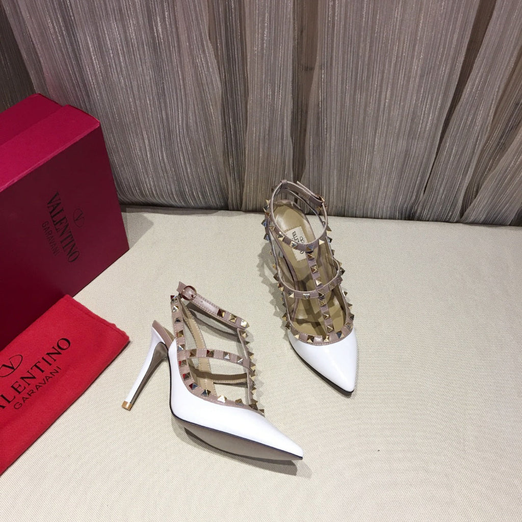 ROCKSTUD CAGED HIGH PUMP IN WHITE MIX LIGHT PINK PATENT CALFSKIN 100 MM