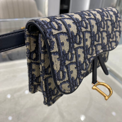 DIOR CD SADDLE 17CM BELT BEG BLUE OBLIQUE EMBROIDERY