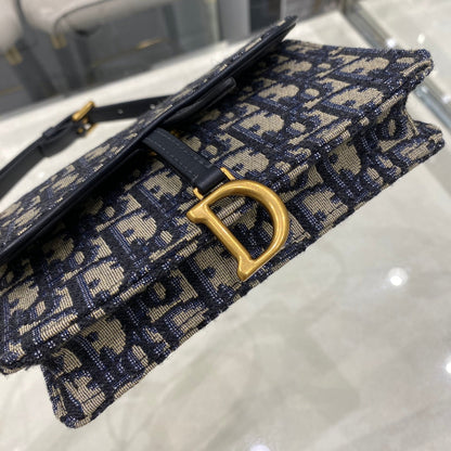 DIOR CD SADDLE 17CM BELT BEG BLUE OBLIQUE EMBROIDERY