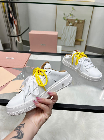 SNEAKER MULES IN WHITE MIX BROWN CALFSKIN WHITE YELLOW LACES