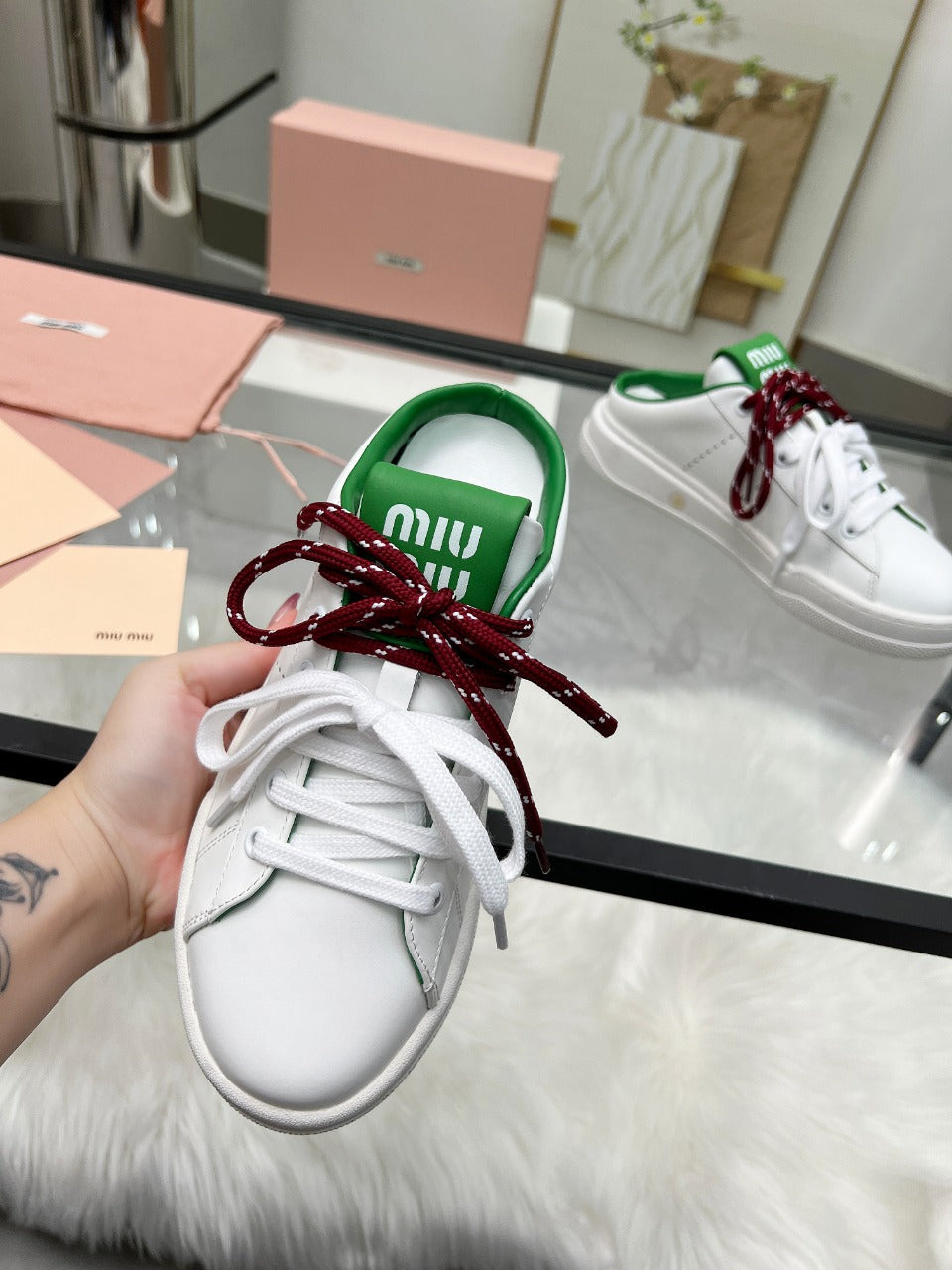SNEAKER MULES IN WHITE MIX GREEN CALFSKIN WHITE RED LACES